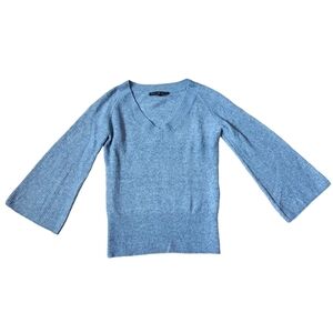 WHBM Soft Ribbed Knit V-neck Sweater Heather Blue Size XS, 3/4 Flare Sleeves